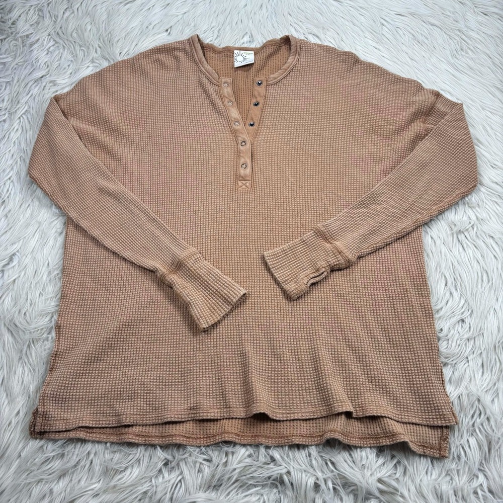 Aerie Women's S Tan Brown Oversized Waffle Henley Shirt Lounge Cozycore